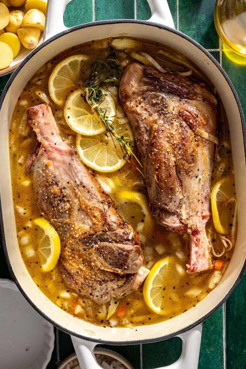Lamb in a dutch oven before going into the oven