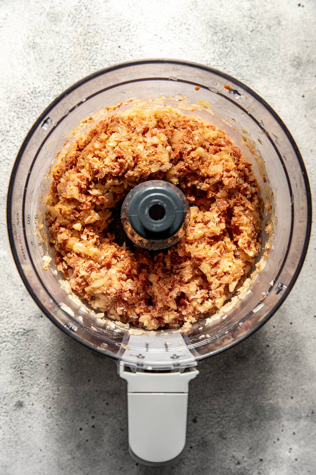 Pepperoni, onion, and garlic after being chopped in the food procesor