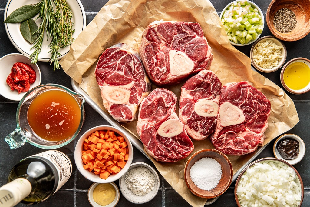 Ingredients for Red Wine Braised Beef Shanks laid out