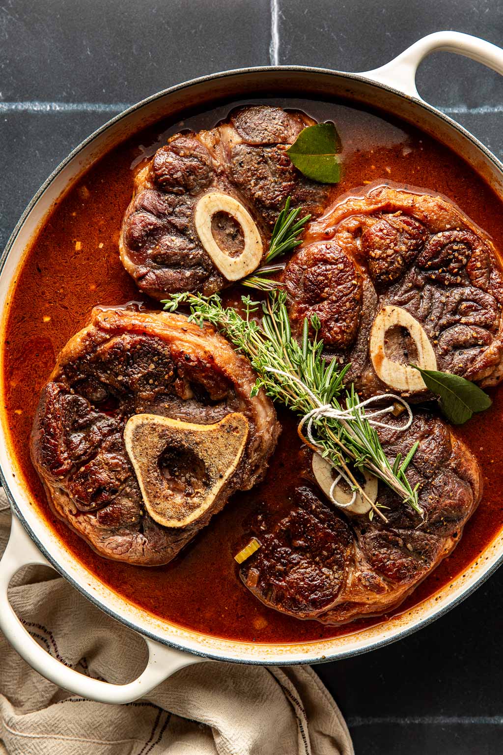 beef shanks in the braiser before braising in the oven