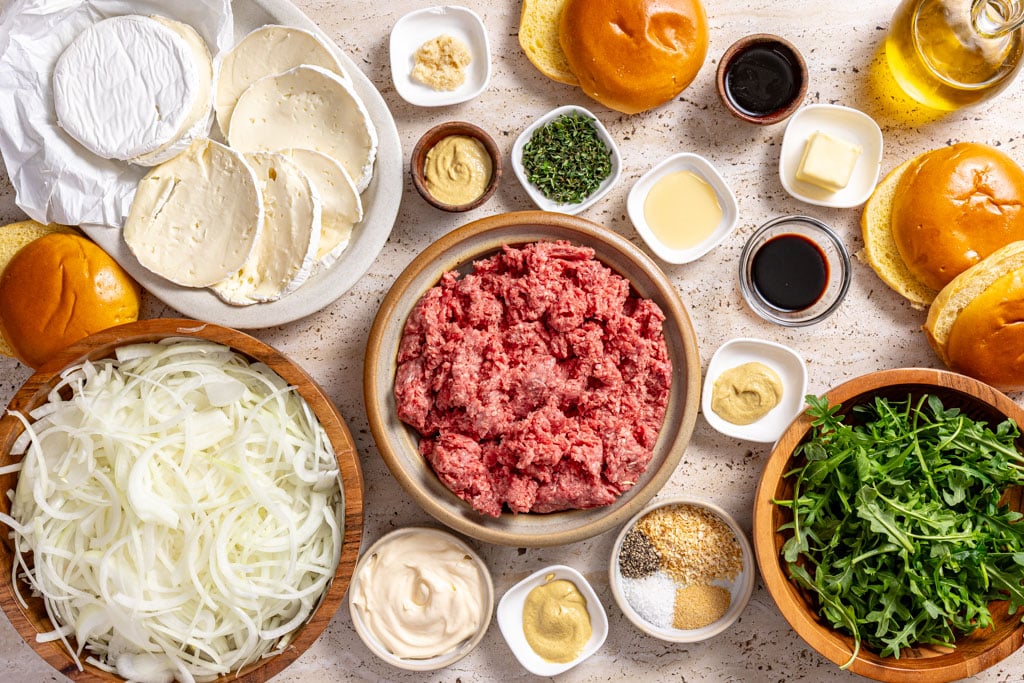 french onion burger ingredients laid out